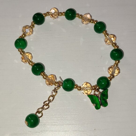 Luminous Green and Gold Bracelet Butterfly Charm Elastic Medium Size Hand Wrist - Picture 1 of 8